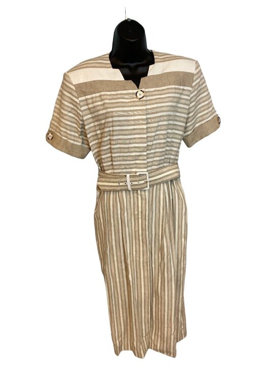 California Design by Dorothy Samuel Dresses & Skirts - Vintage Brown White Belted Dress Sz 10 California Design Retro Office Preppy